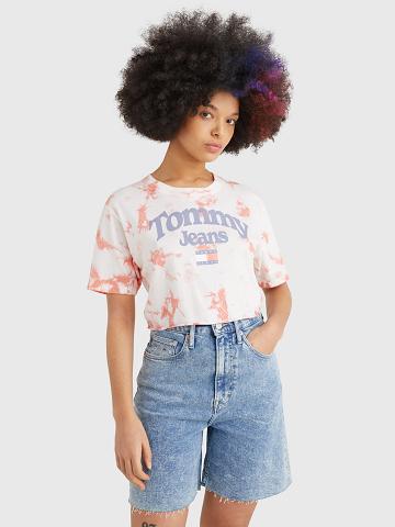 Női Tommy Hilfiger Cropped Tie-Dye Logo Póló Piros Fehér | HU 439HAP